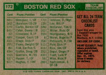 1975 Topps #172 Boston Red Sox / Darrell Johnson Back