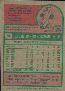 1975 Topps #19 Jerry Koosman Back