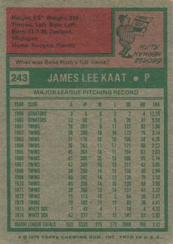 1975 Topps #243 Jim Kaat Back
