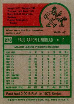 1975 Topps #278 Paul Lindblad Back