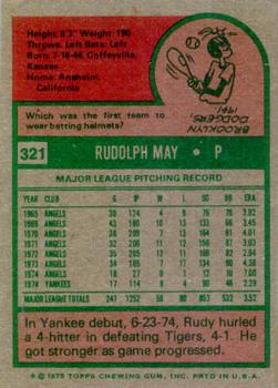 1975 Topps #321 Rudy May Back