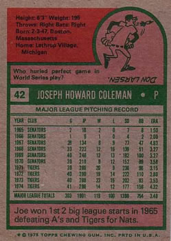1975 Topps #42 Joe Coleman Back