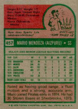 1975 Topps #457 Mario Mendoza Back