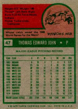 1975 Topps #47 Tommy John Back