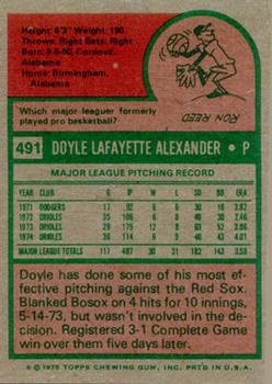 1975 Topps #491 Doyle Alexander Back
