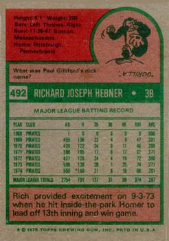 1975 Topps #492 Rich Hebner Back