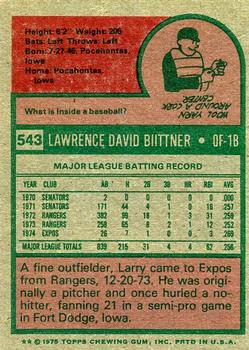 1975 Topps #543 Larry Biittner Back
