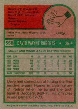 1975 Topps #558 Dave Roberts Back