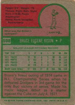 1975 Topps #598 Bruce Kison Back