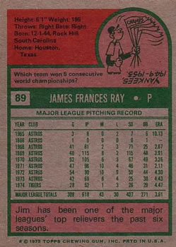 1975 Topps #89 Jim Ray Back