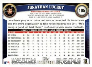 2011 Topps - Red Border #105 Jonathan Lucroy Back
