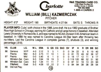 1990 Charlotte Knights #13 Bill Kazmierczak Back