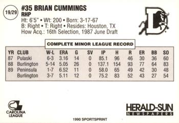 1990 Durham Bulls #19 Brian Cummings Back