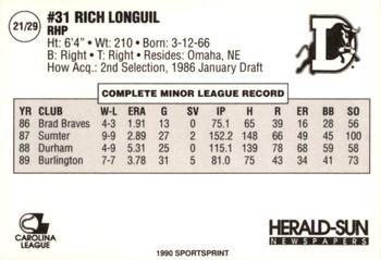 1990 Durham Bulls #21 Rich Longuil Back