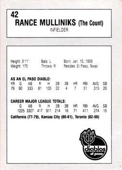 1990 El Paso Diablos All-Time Greats #42 Rance Mulliniks Back