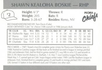 1990 Peoria Chiefs #2 Shawn Boskie Back