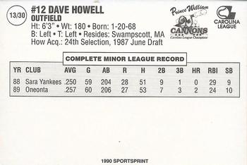 1990 SportsPrint Prince William Cannons #13 Dave Howell Back