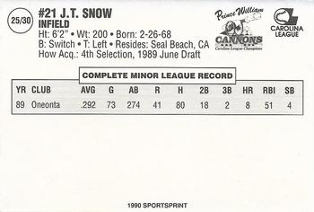 1990 SportsPrint Prince William Cannons #25 J.T. Snow Back