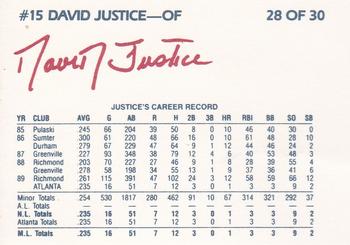 1990 Richmond Braves #28 David Justice Back