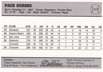 1990 Tulsa Drillers #4 Paco Burgos Back