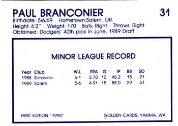 1990 Yakima Bears #31 Paul Branconier Back