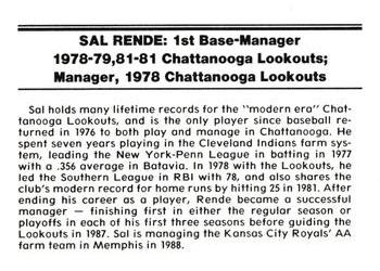 1988 Chattanooga Lookouts Legends #25 Sal Rende Back