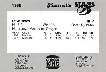 1988 Burger King Huntsville Stars #NNO Dave Veres Back
