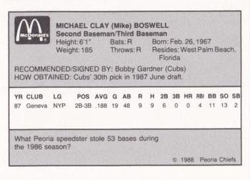 1988 Peoria Chiefs #NNO Mike Boswell Back
