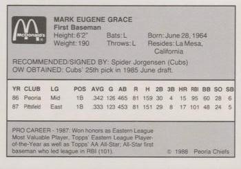 1988 Peoria Chiefs #NNO Mark Grace Back