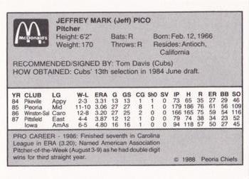 1988 Peoria Chiefs #NNO Jeff Pico Back