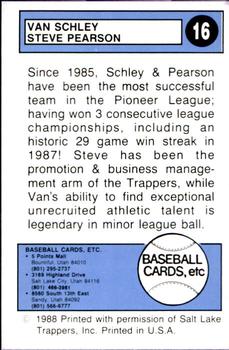 1988 Salt Lake Trappers #16 Van Schley / Steve Pearson Back