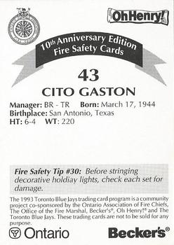 1993 Toronto Blue Jays Fire Safety #NNO Cito Gaston Back