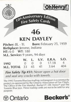 1993 Toronto Blue Jays Fire Safety #NNO Ken Dayley Back