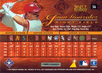 1996 Select Certified #56 Juan Gonzalez Back