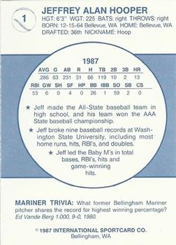 1987 Bellingham Mariners #1 Jeff Hooper Back