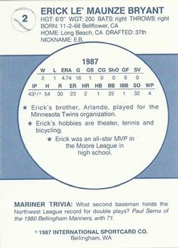 1987 Bellingham Mariners #2 Erick Bryant Back
