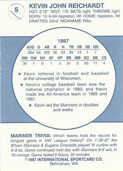 1987 Bellingham Mariners #5 Kevin Reichardt Back