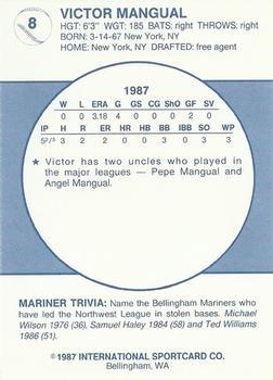 1987 Bellingham Mariners #8 Victor Mangual Back
