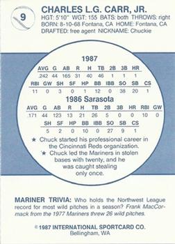1987 Bellingham Mariners #9 Chuck Carr Back