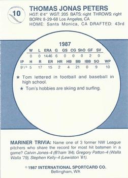 1987 Bellingham Mariners #10 Tom Peters Back