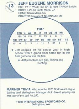 1987 Bellingham Mariners #13 Jeff Morrison Back