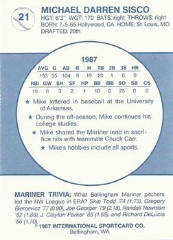 1987 Bellingham Mariners #21 Mike Sisco Back