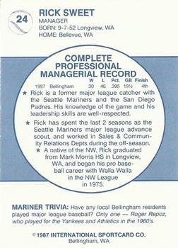 1987 Bellingham Mariners #24 Rick Sweet Back