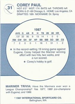 1987 Bellingham Mariners #31 Corey Paul Back