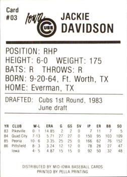 1987 Iowa Cubs #3 Jackie Davidson Back