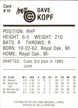 1987 Iowa Cubs #10 Dave Kopf Back