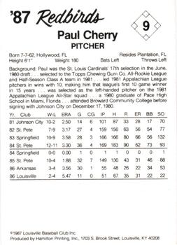 1987 Louisville Redbirds #9 Paul Cherry Back
