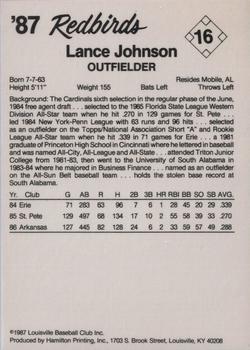 1987 Louisville Redbirds #16 Lance Johnson Back