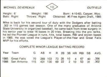 1987 San Antonio Dodgers #10 Mike Devereaux Back