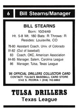 1986 Tulsa Drillers #6 Bill Stearns Back